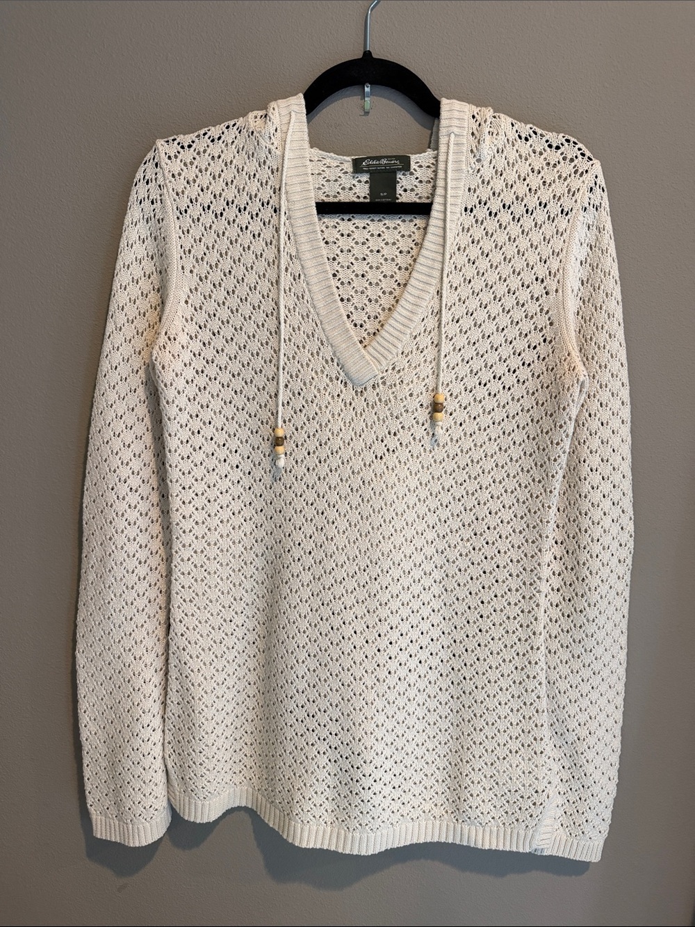 Eddie Bauer Cream Open-Weave V-Neck Pullover Hoodie with Drawstrings